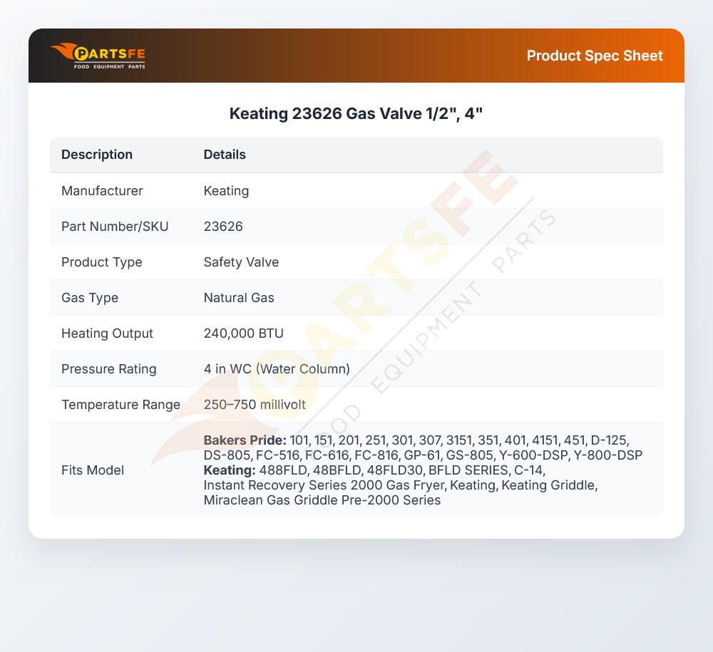 Keating 23626 Natural Gas Safety Valve 1/2" 4"
