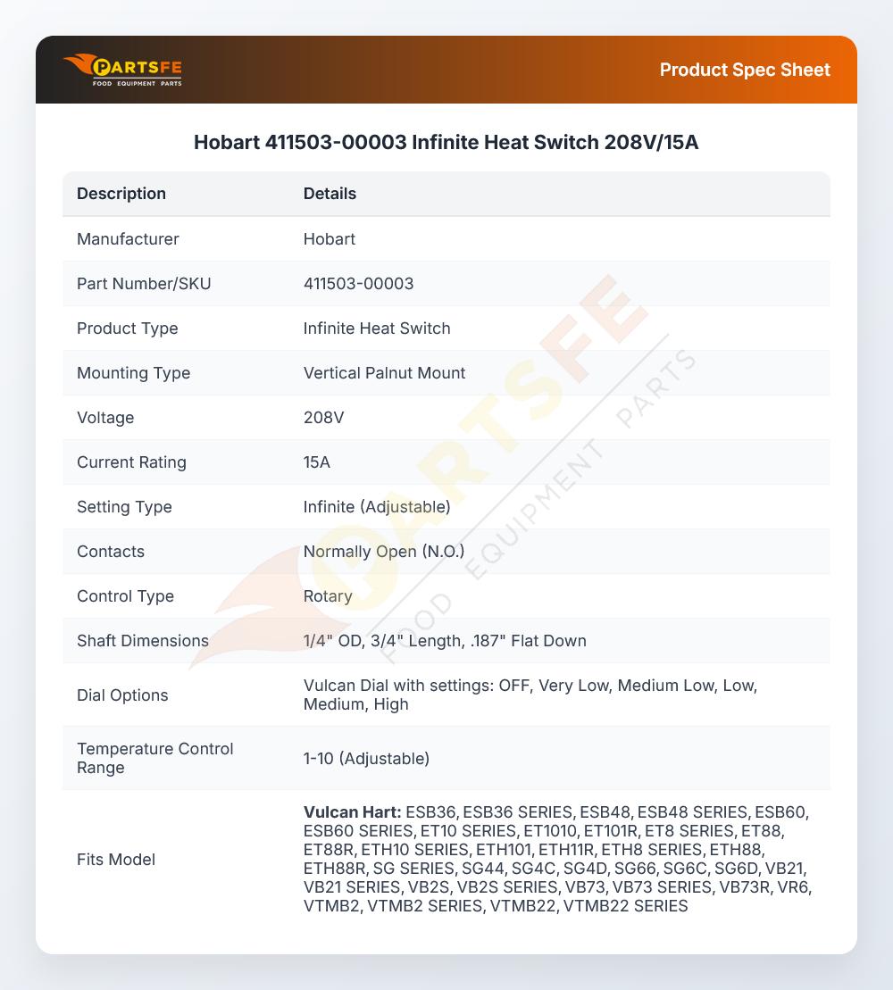 Hobart 411503-00003 Infinite Heat Switch 208V/15A