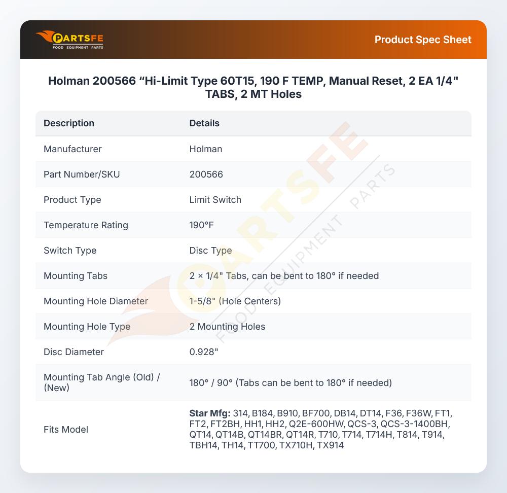 Holman 200566 &ldquo;Hi-Limit Type 60T15, 190 F TEMP, Manual Reset, 2 EA 1/4" TABS, 2 MT Holes