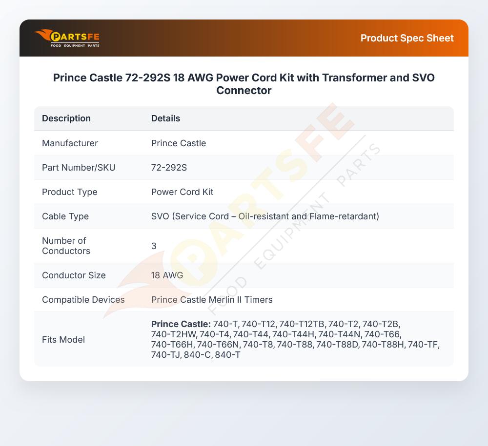 Prince Castle 72-292S 18 AWG Power Cord Kit with Transformer and SVO Connector