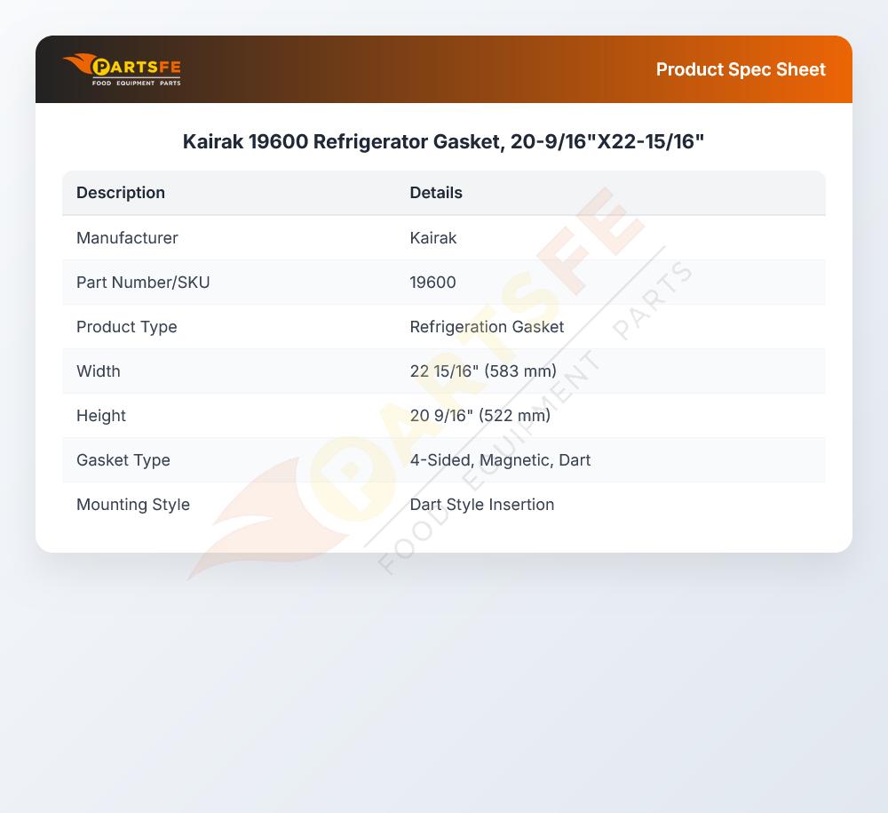 Kairak 19600 Refrigerator Gasket, 20-9/16"X22-15/16"
