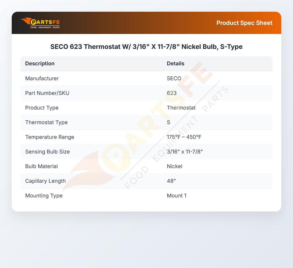 SECO 623 Thermostat W/ 3/16" X 11-7/8" Nickel Bulb, S-Type