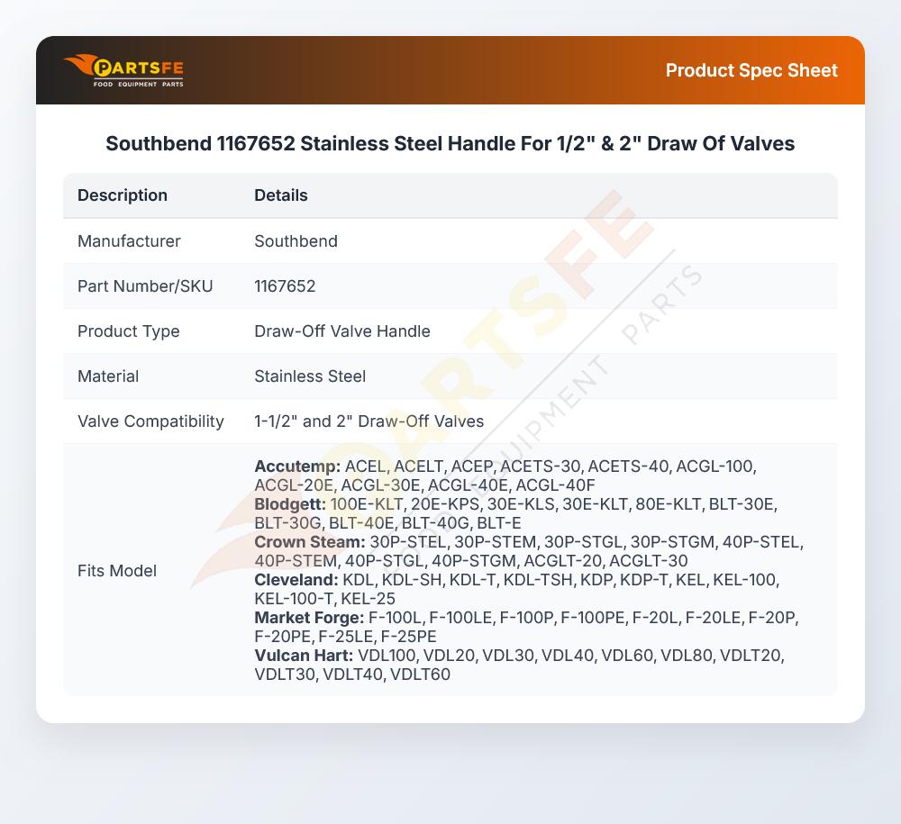 Southbend 1167652 Stainless Steel Handle For 1/2" & 2" Draw Of Valves