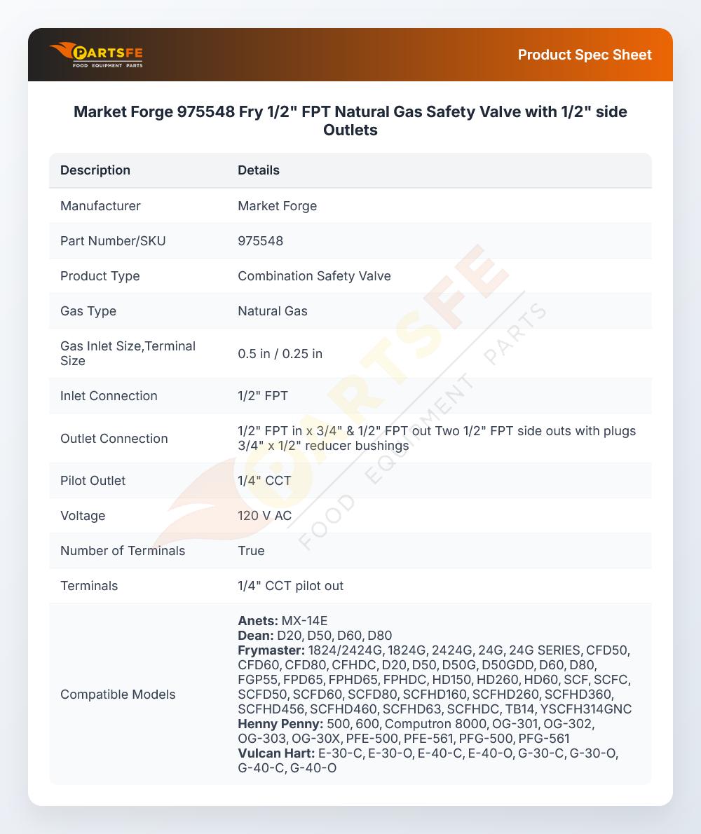 Market Forge 975548 Safety Control Valve NG 1/2" FPT IN X 3/4" FPT Out 120V