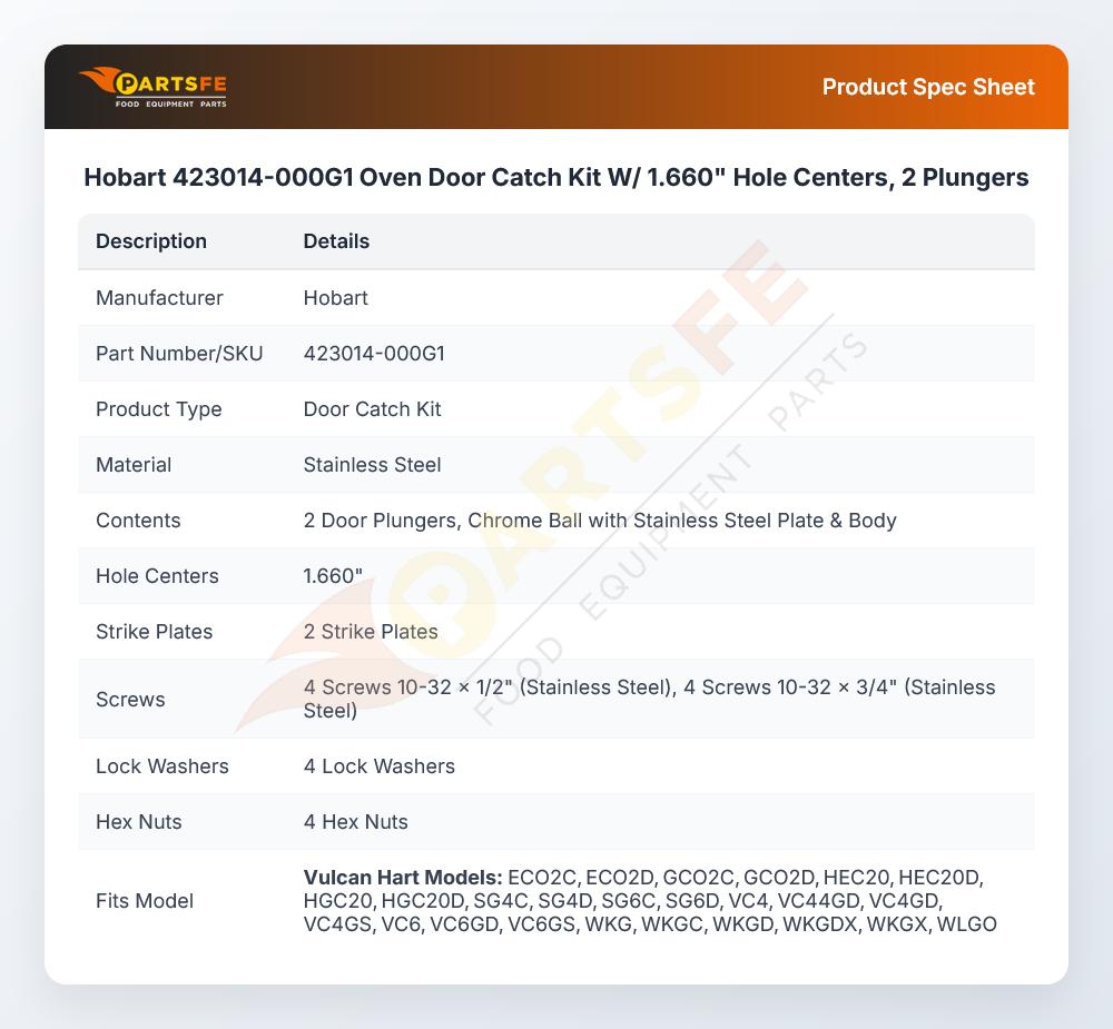 Hobart 423014-000G1 Oven Door Catch Kit W/ 1.660" Hole Centers, 2 Plungers