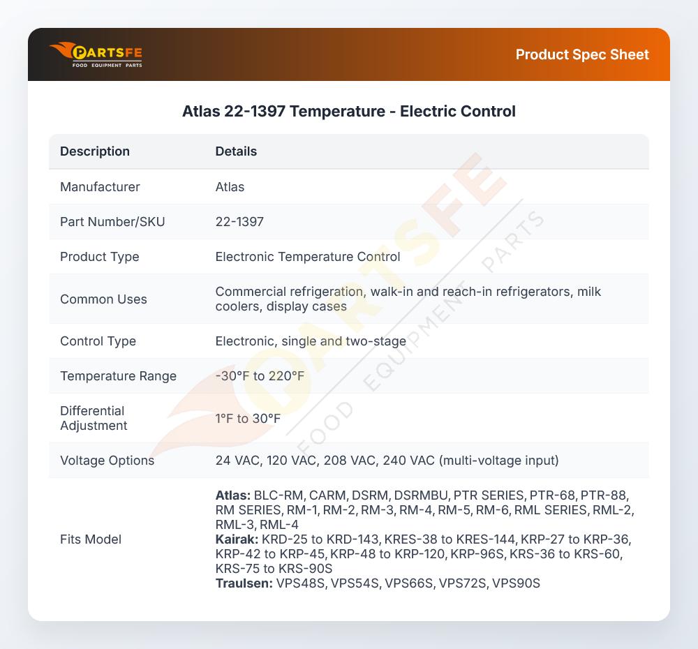 Atlas 22-1397 Electric Temperature Control Single Stage 120/240V