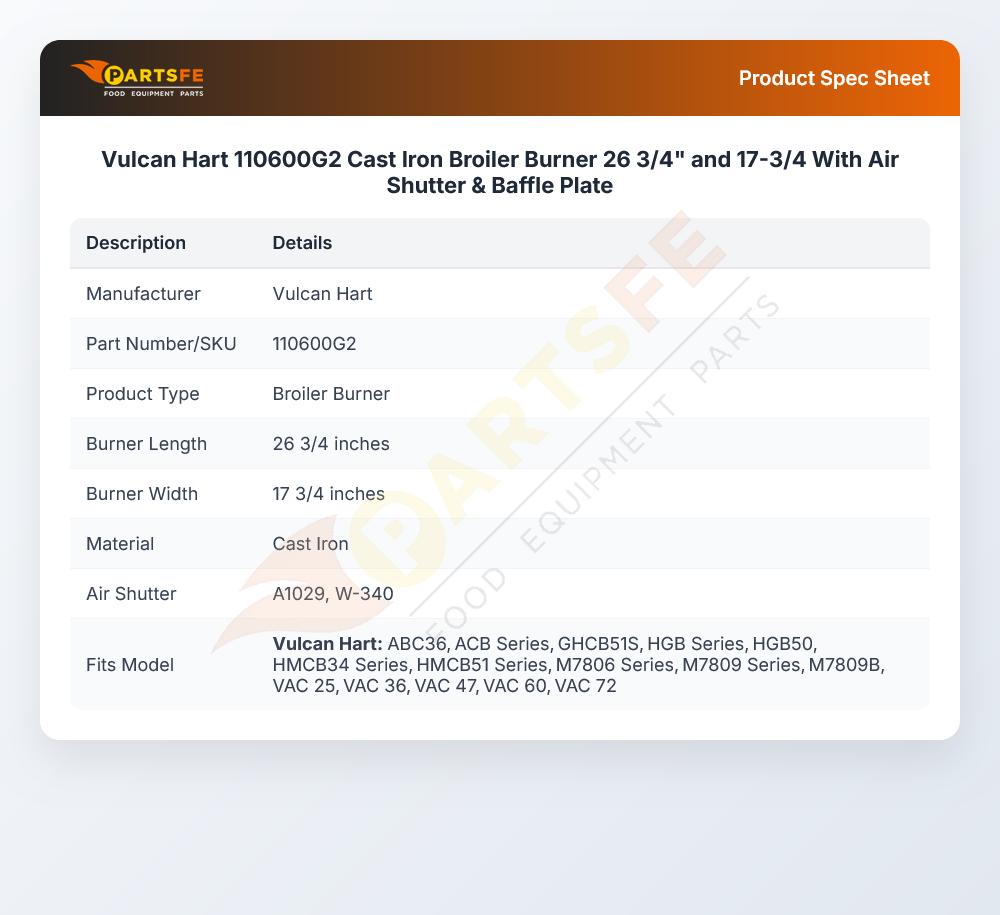 Vulcan Hart 110600G2 Cast Iron Broiler Burner 26 3/4" and 17-3/4 With Air Shutter & Baffle Plate