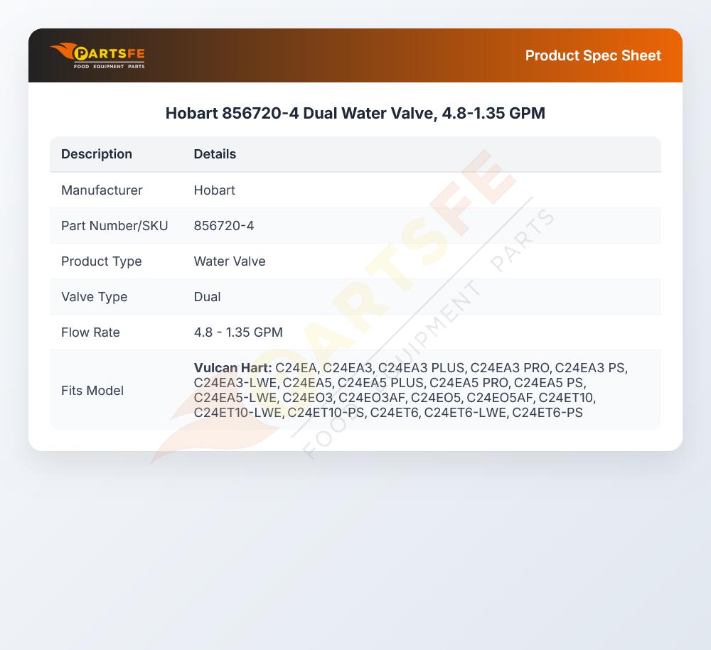 Hobart 856720-4 Dual Water Valve 4.8-1.35 GPM