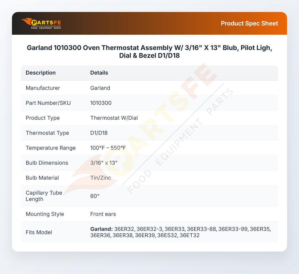 Garland 1010300 Oven Thermostat Assembly W/ 3/16" X 13" Blub, Pilot Ligh, Dial & Bezel D1/D18