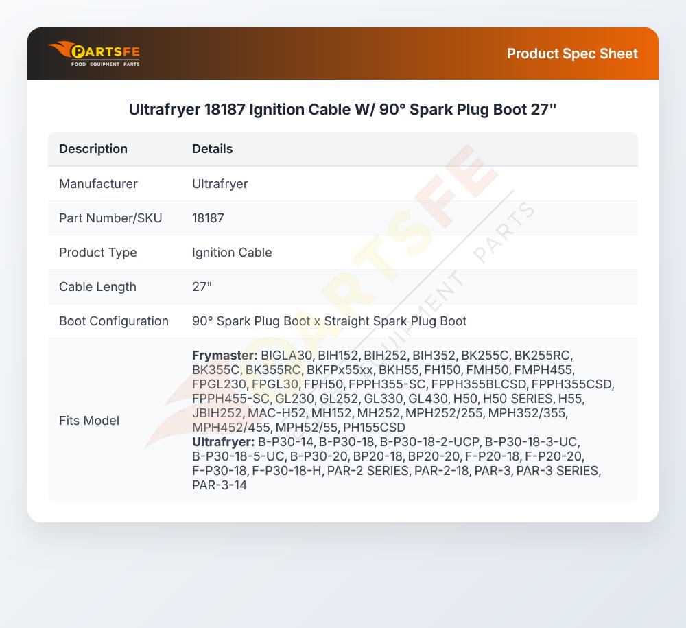 Ultrafryer 18187 Ignition Cable W/ 90&deg; Spark Plug Boot 27"