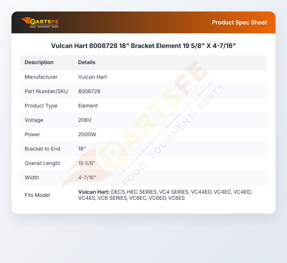 Vulcan Hart 8008728 18" Bracket Element 19 5/8" X 4-7/16"