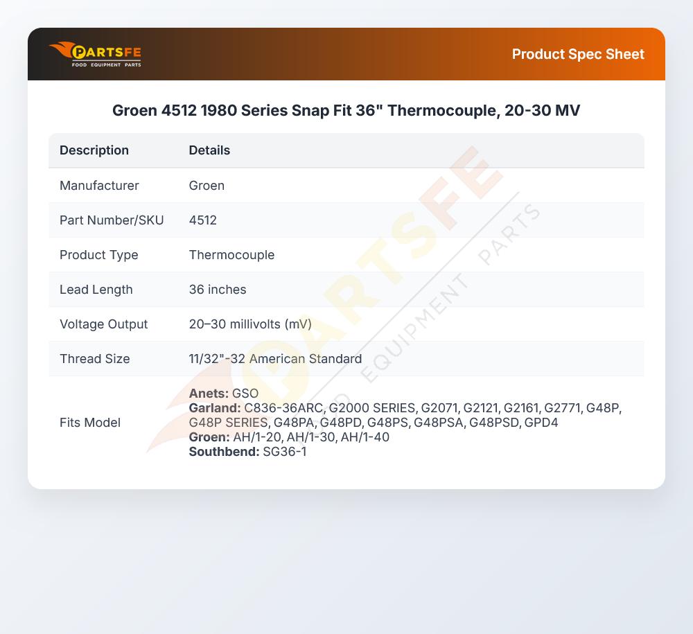 Groen 4512 1980 Series Snap Fit 36" Thermocouple, 20-30 MV