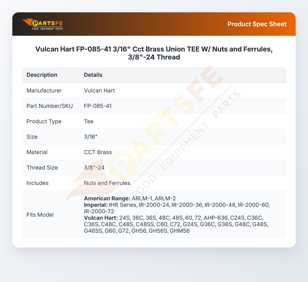 Vulcan Hart FP-085-41 3/16" Cct Brass Union TEE W/ Nuts and Ferrules, 3/8"-24 Thread