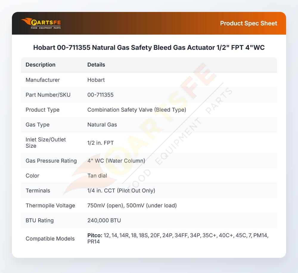 Hobart 00-711355 Natural Gas Valve 1/2" FPT