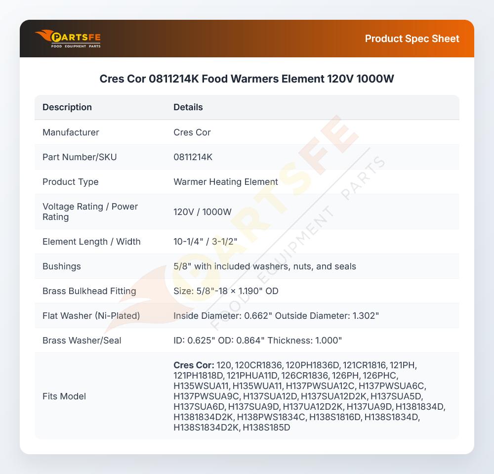Cres Cor 0811214K Food Warmers Element 120V 1000W