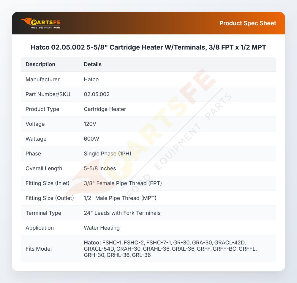 Hatco 02.05.002 5-5/8" Cartridge Heater W/Terminals,  3/8 FPT x 1/2 MPT