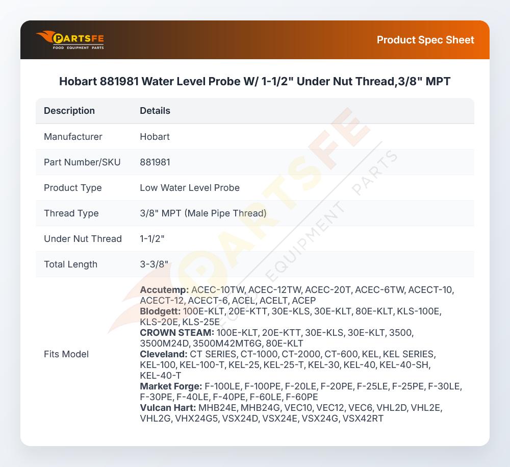Hobart 881981 Water Level Probe W/Under Nut Thread 1-1/2" 3/8" MPT