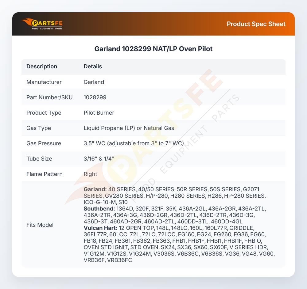 Garland 1028299 NAT/LP Oven Pilot