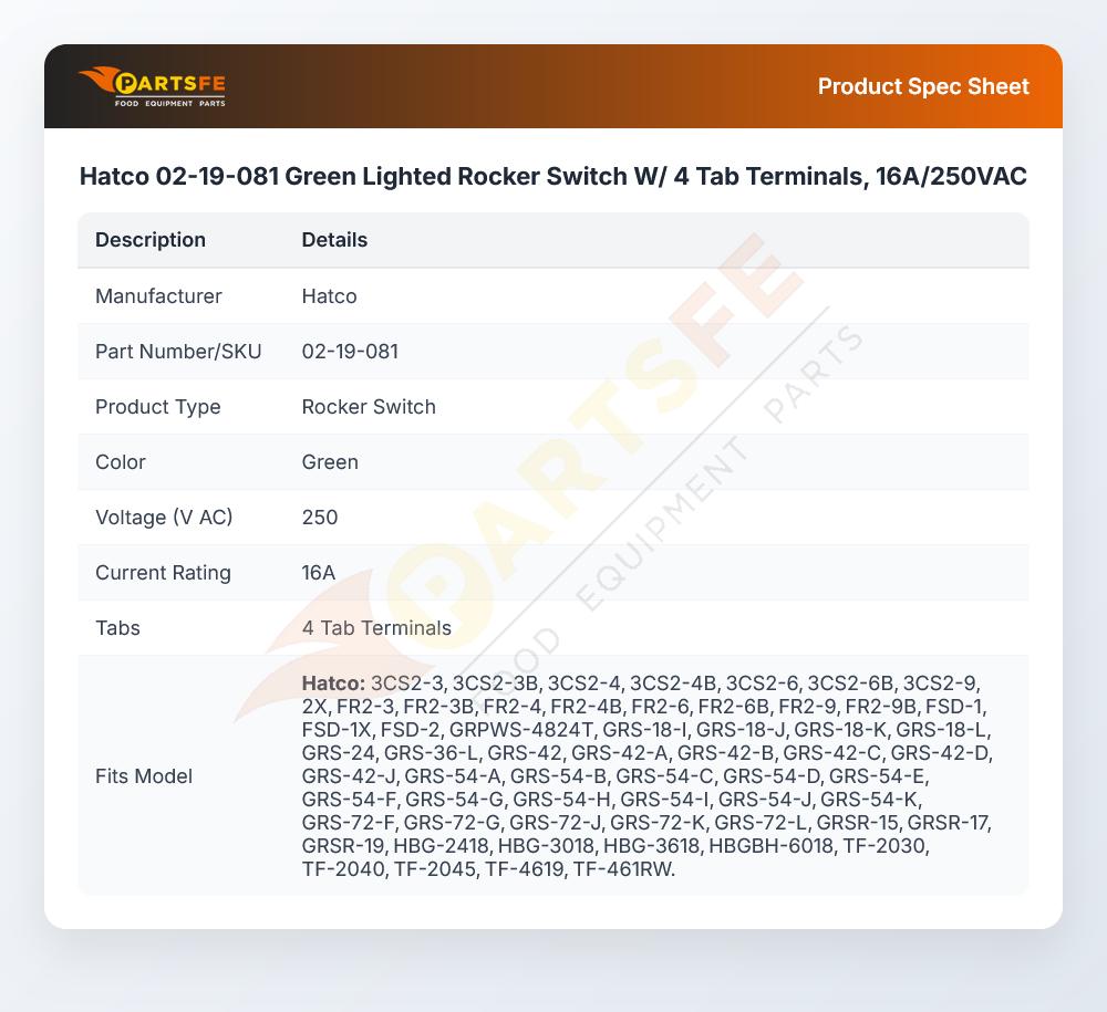 Hatco 02-19-081 Green Lighted Rocker Switch W/ 4 Tab Terminals, 16A/250VAC