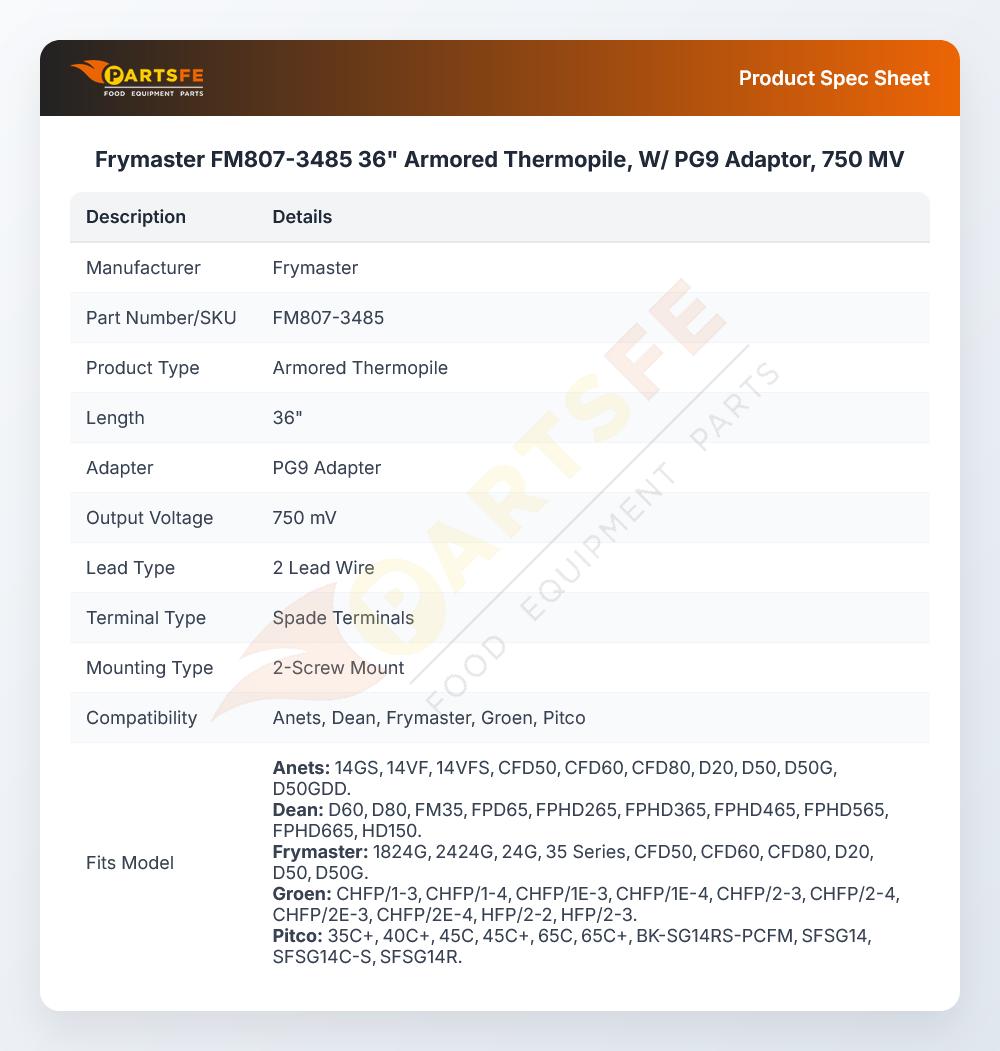 Frymaster FM807-3485 36" Armored Thermopile, W/ PG9  Adaptor, 750 MV