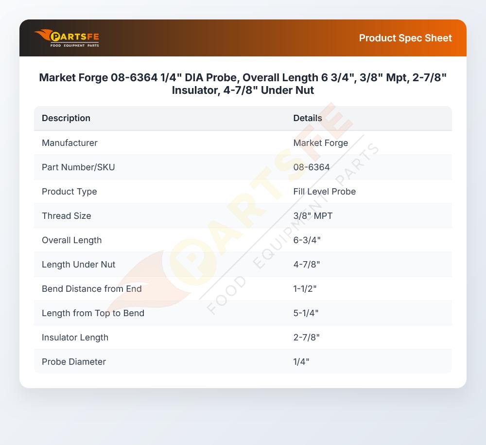 Market Forge 08-6364 Liquid Level Water-On Probe 6-3/4"L 3/8" MPT