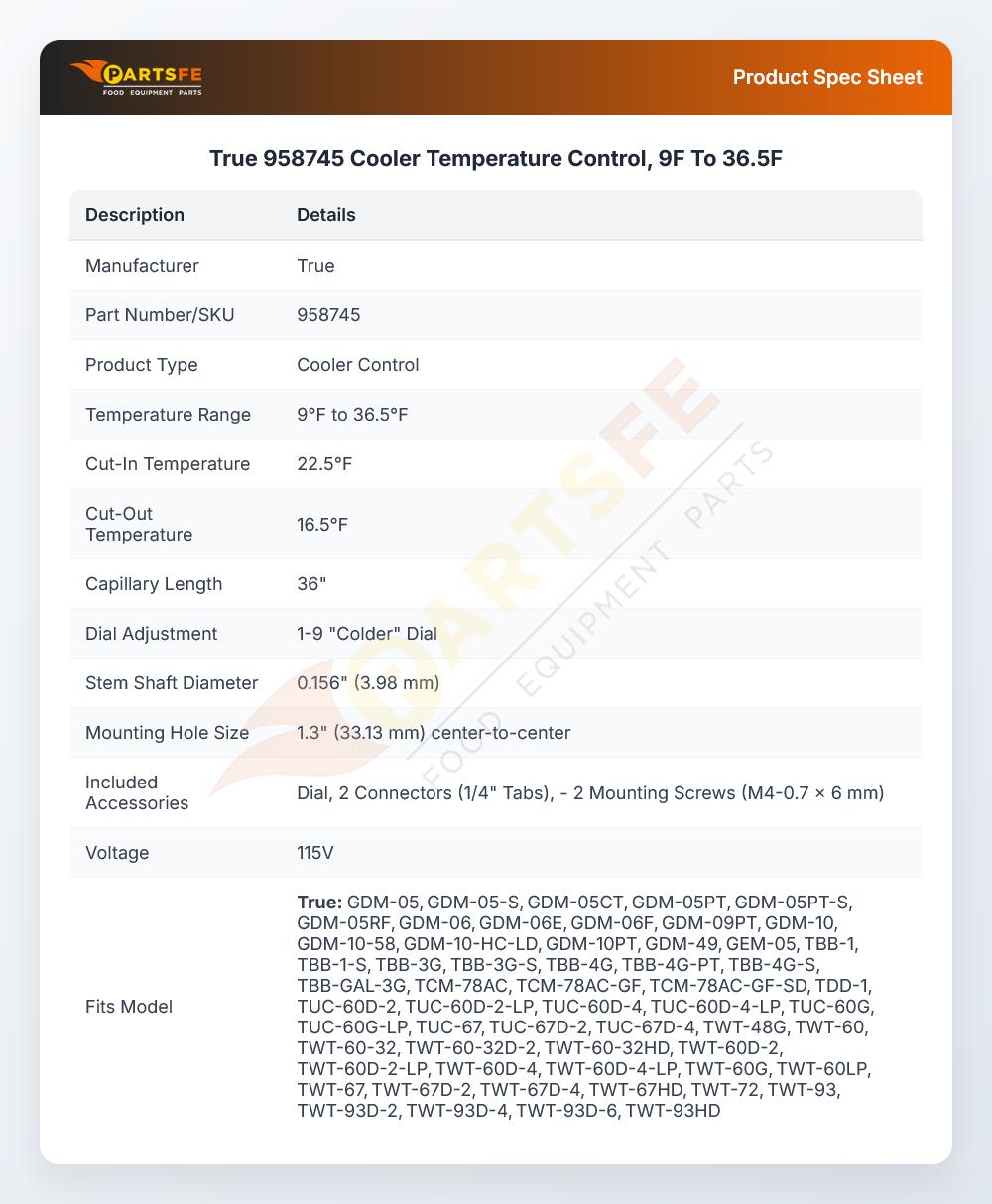 True 958745 Cooler Temperature Control, 9F To 36.5F