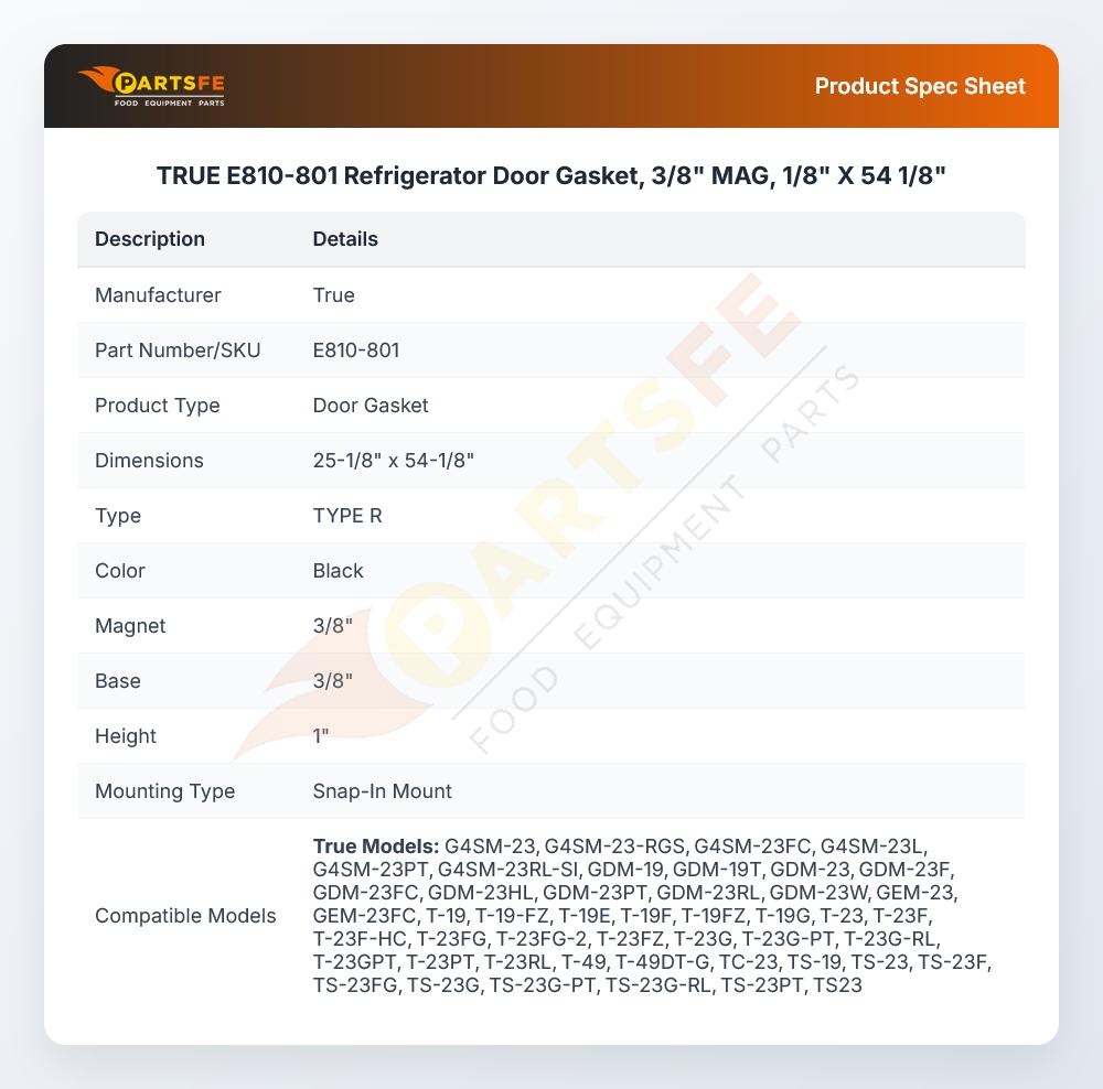TRUE E810-801 Refrigerator  Door Gasket, 3/8" MAG, 1/8" X 54 1/8"
