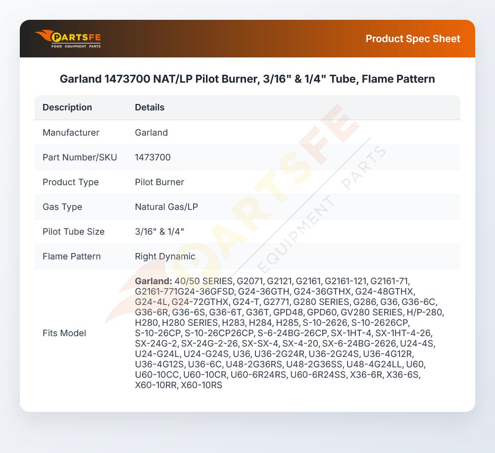 Garland 1473700 NAT/LP Pilot Burner, 3/16" & 1/4" Tube, Flame Pattern