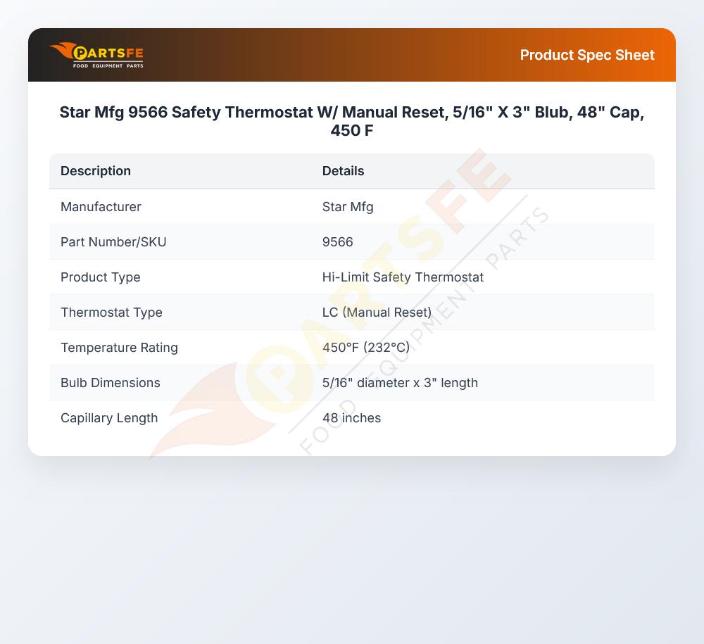 Star Mfg 9566 Safety Thermostat W/Manual Reset 450&deg;F 48" CAP 5/16" X 3" Bulb