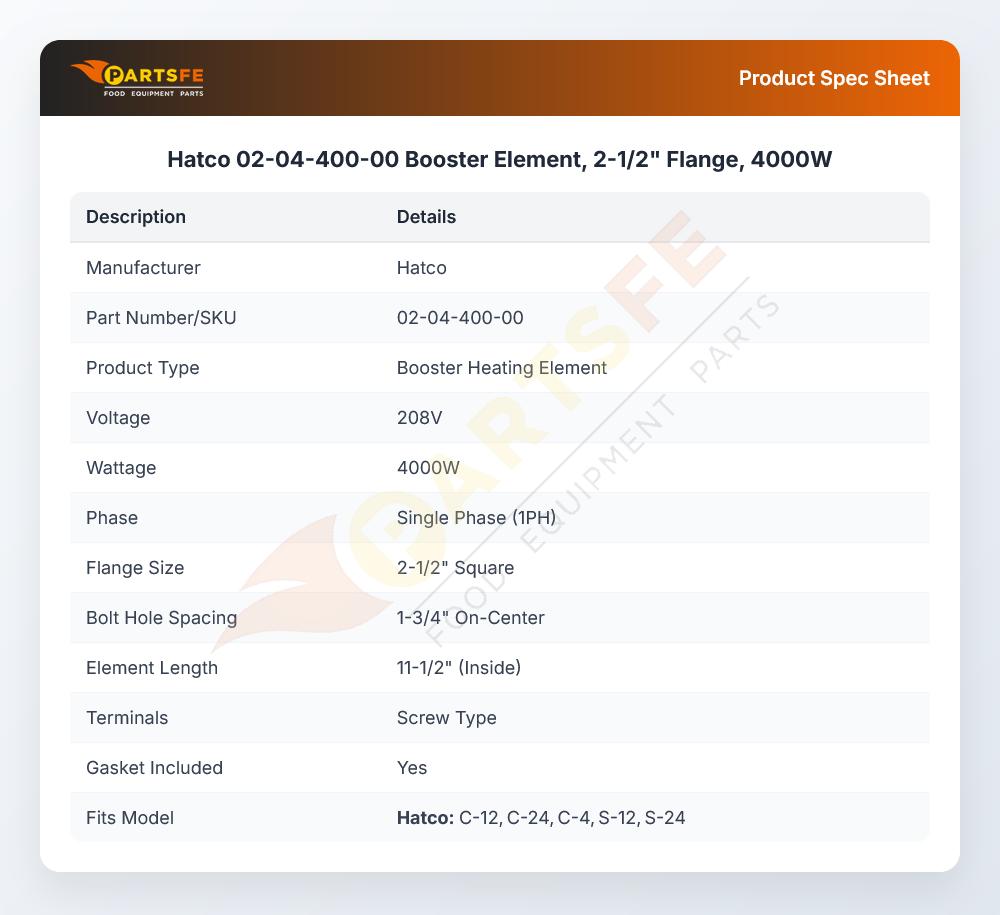 Hatco 02-04-400-00 Booster Element, 2-1/2" Flange, 4000W