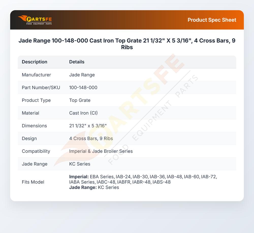 Jade Range 100-148-000 Top Grate 21-1/32" X 5-3/16" 4-Cross Bar 9-Ribs Cast Iron