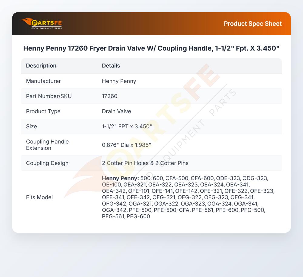 Henny Penny 17260 Fryer Drain Valve W/Coupling Handle 1-1/2" FPT X 3.450"