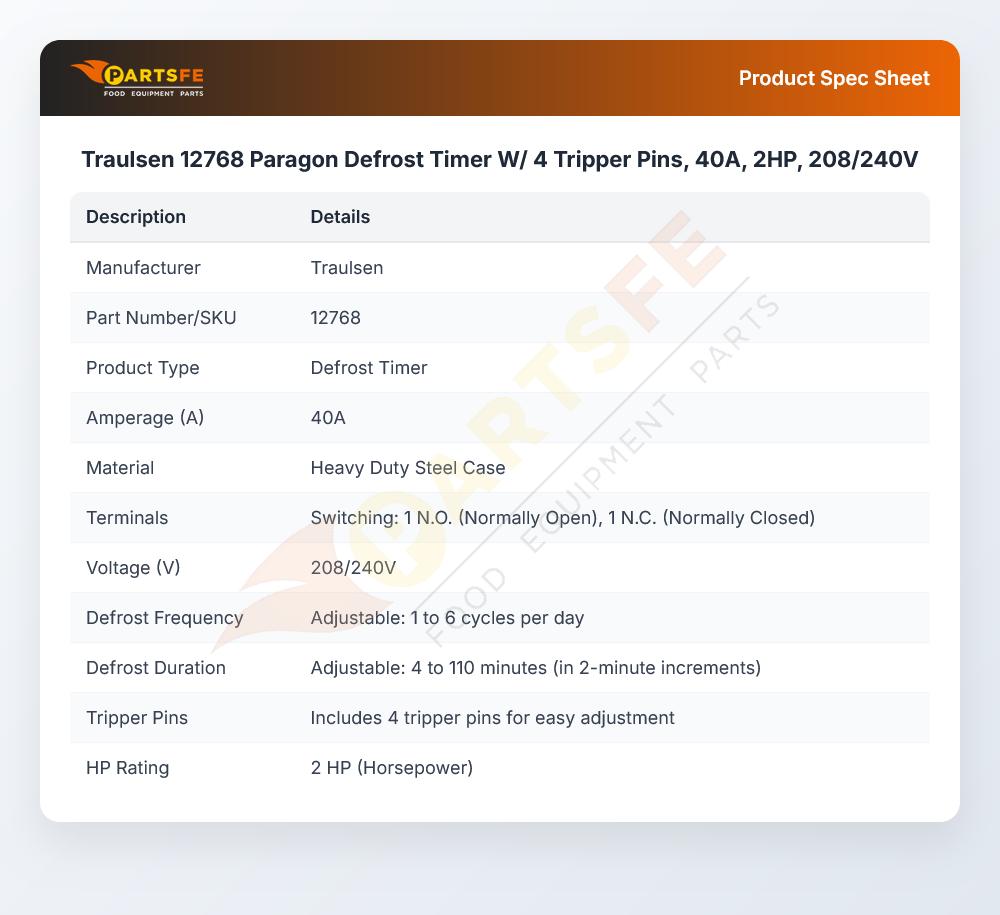 Traulsen 12768 Paragon Defrost Timer 2HP 40A 208/240V