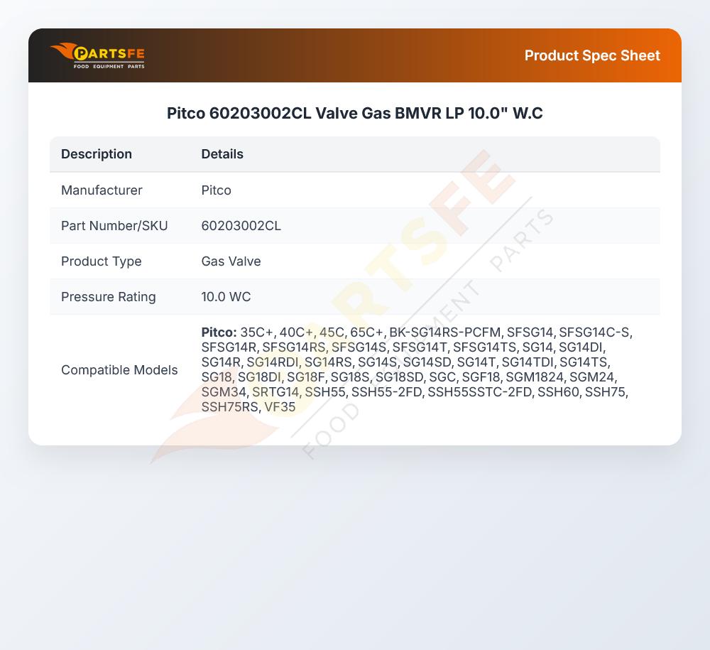 Pitco 60203002CL Gas Valve LP 10.0" WC BMVR