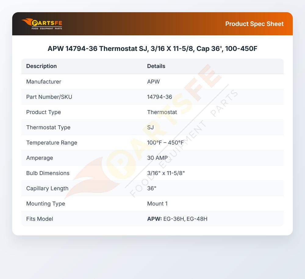 APW 14794-36 Thermostat SJ 3/16" x 11-5/8" CAP 36'' 100-450&deg;F