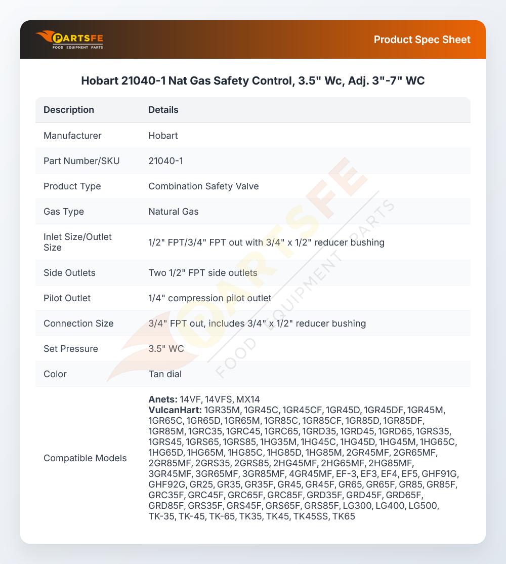 Hobart 21040-1 Natural Gas Safety Control 3.5" WC ADJ 3"-7" WC