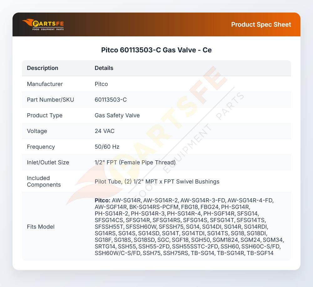 Pitco 60113503-C Fryer Gas Safety Valve CE