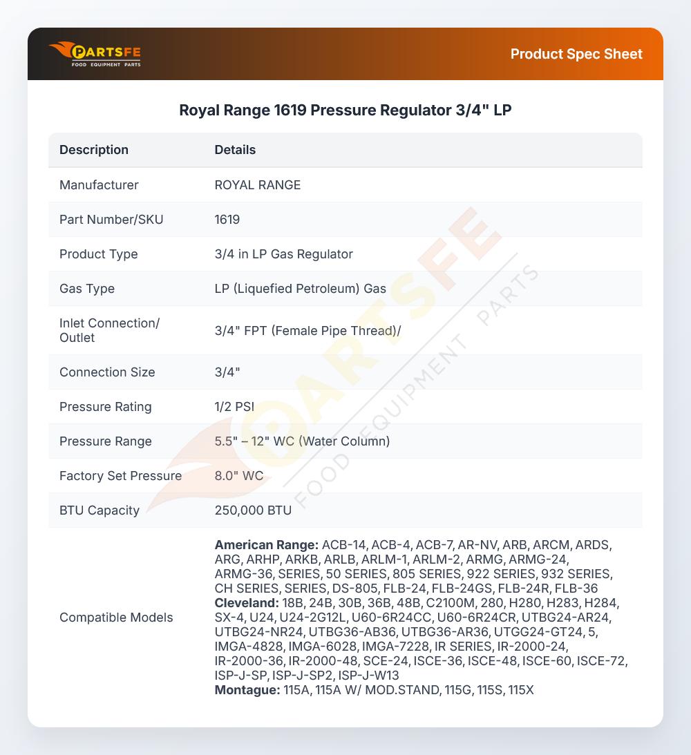 Royal Range 1619 Pressure Regulator 3/4" LP
