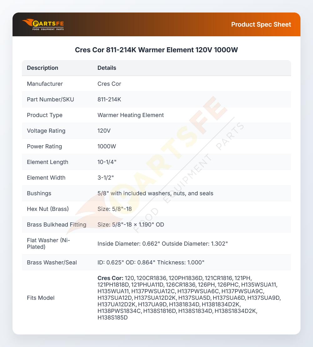 Cres Cor 811-214K Warmer Element 120V 1000W