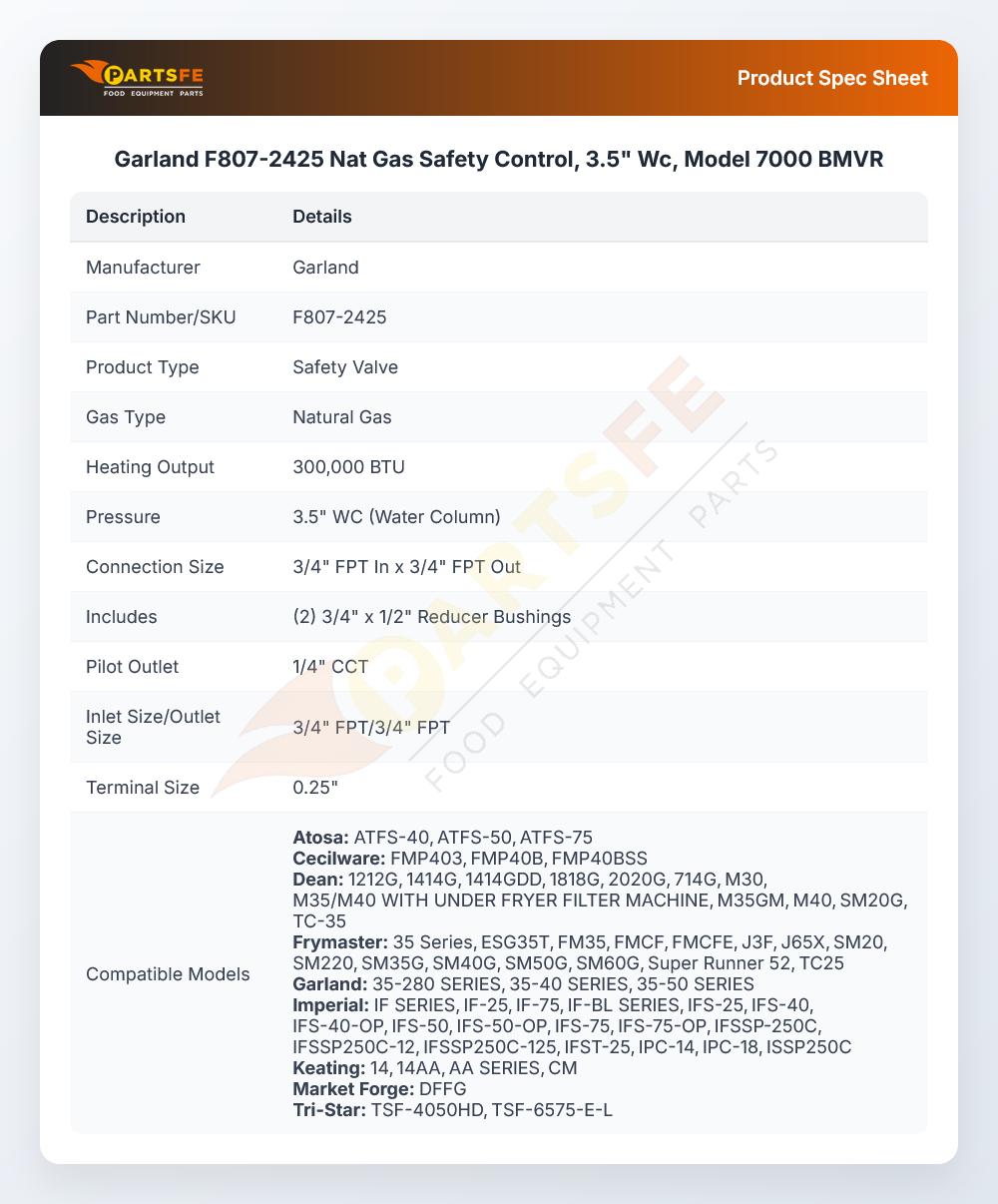 Garland F807-2425 Natural Gas Safety Control Valve 3.5" WC Model 7000BMVR
