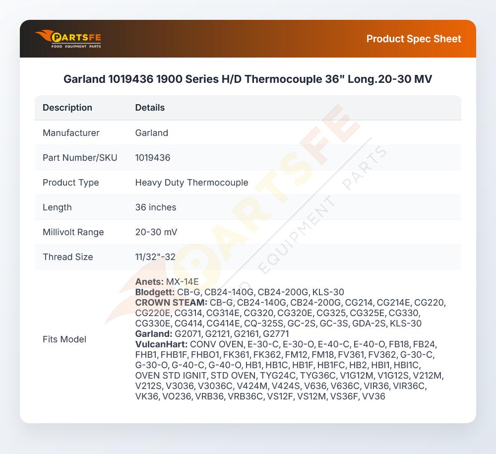 Garland 1019436 Oven Thermocouple 36" Long 20-30mV T-46