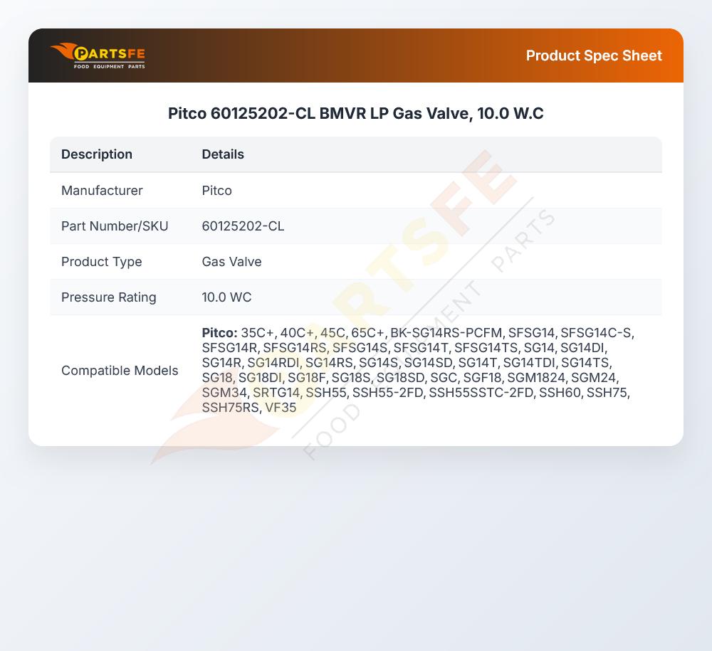 Pitco 60125202-CL Gas Valve LP 10.0" WC BMVR