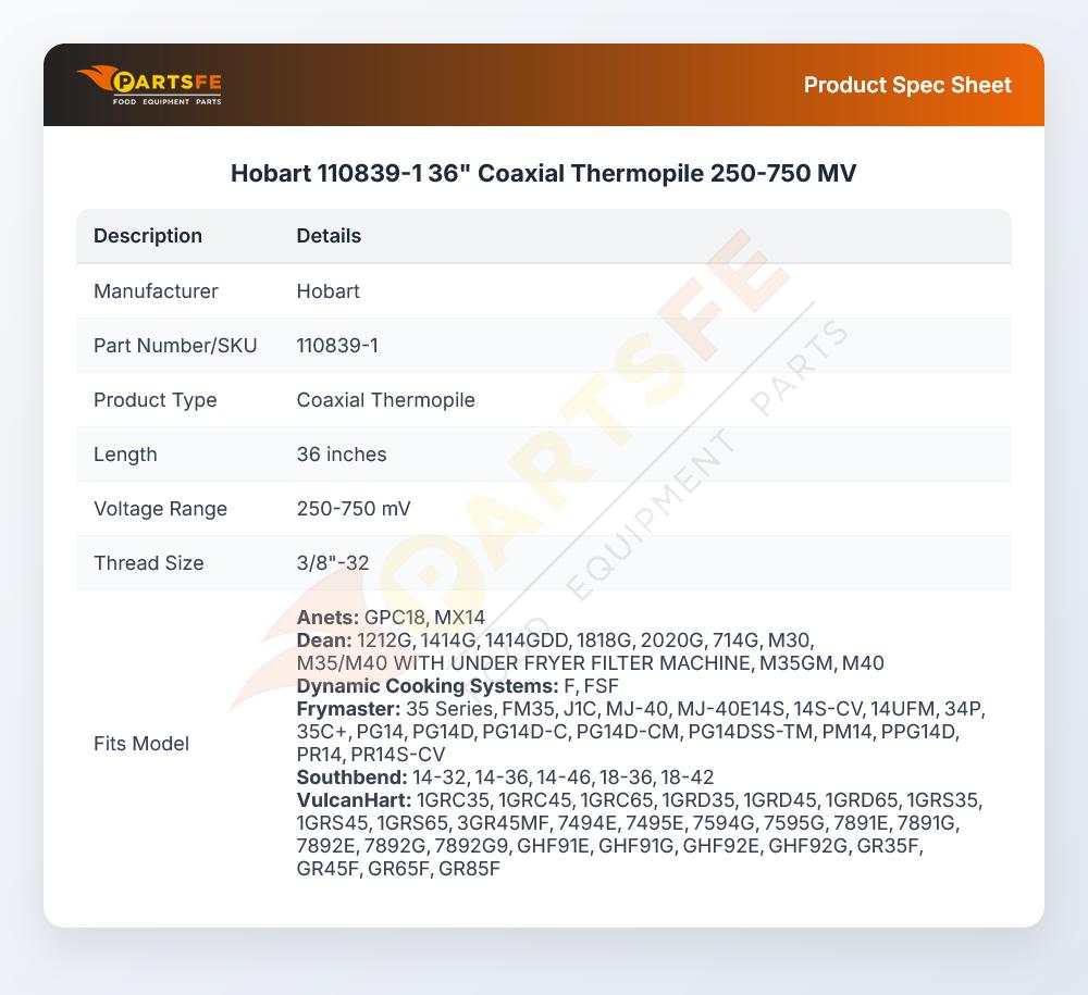 Hobart 110839-1 36" Coaxial Thermopile 250-750 MV