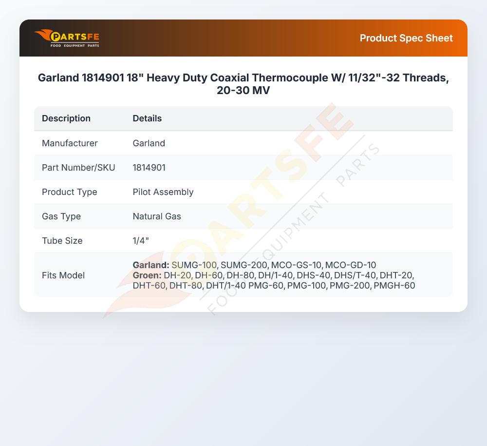 Garland 1814901 18" Heavy Duty Coaxial Thermocouple W/ 11/32"-32 Threads, 20-30 MV