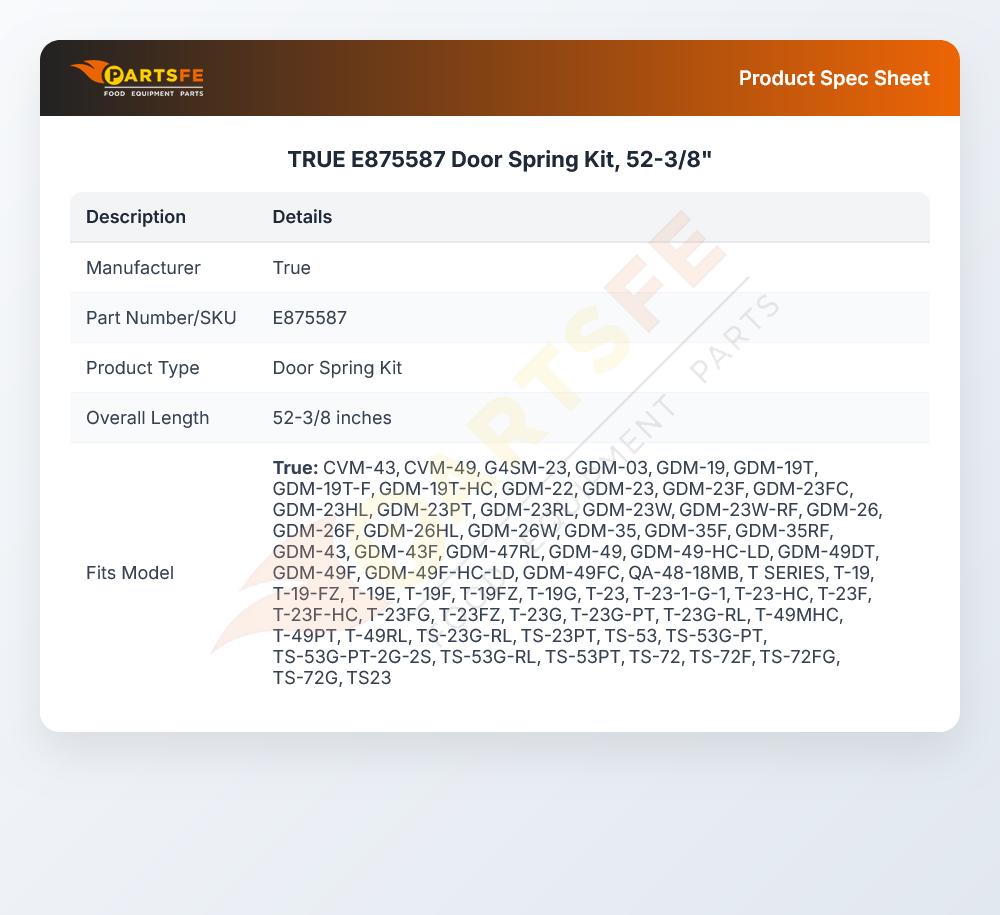 TRUE E875587 Door Spring Kit, 52-3/8"