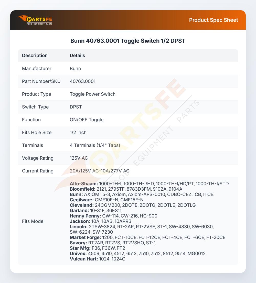 Bunn 40763.0001 Toggle Switch 1/2 DPST