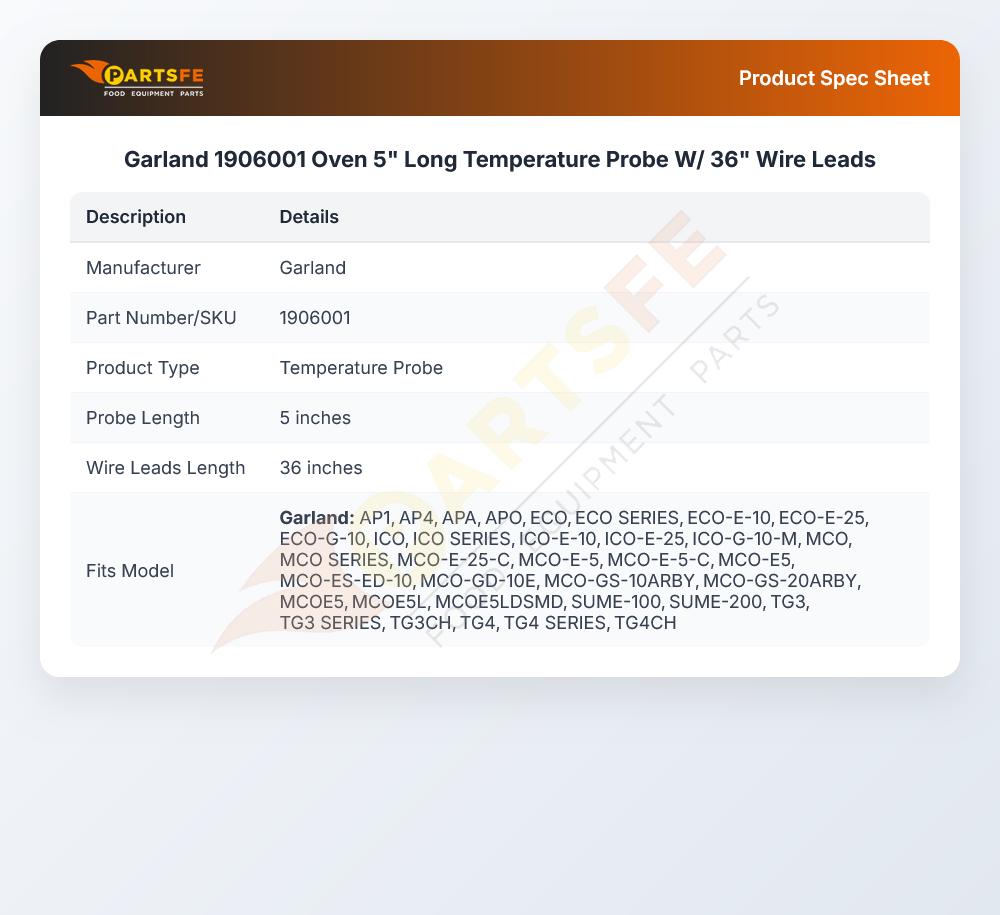 Garland 1906001 Oven 5" Long Temperature Probe W/ 36" Wire Leads