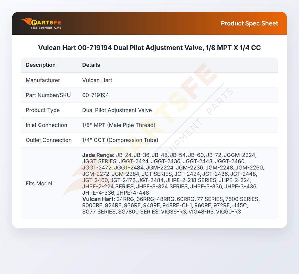 Vulcan Hart 00-719194 Dual Pilot Adjustment Valve, 1/8 MPT X 1/4 CC