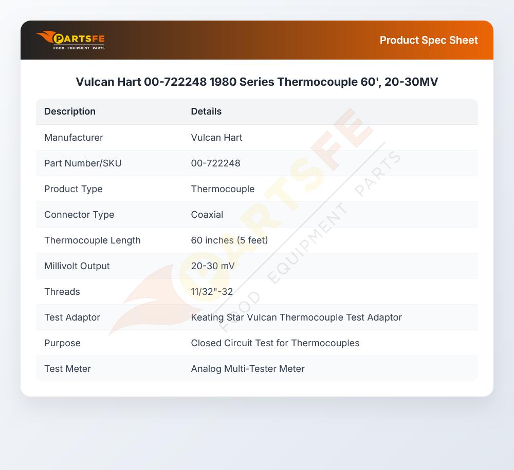 Vulcan Hart 00-722248 Thermocouple 60" 20-30MV 1980 Series