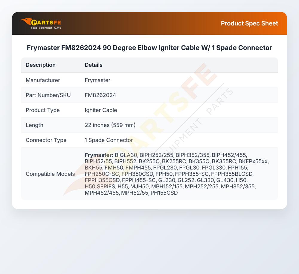 Frymaster FM8262024 90 Degree Elbow Igniter Cable W/ 1 Spade Connector